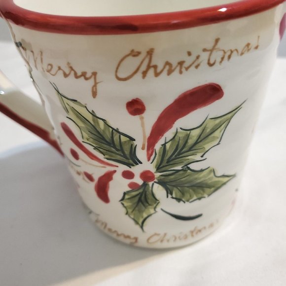 Christms Mug Candy Canes Pointsetta Gold MerryChristmas Red Rim Trim 4.75"H 4.5W - Picture 5 of 7